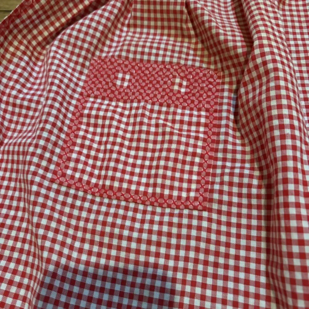 Vintage Red &‎ White Gingham Handmade Apron with Cross Stitch Design & Pocket